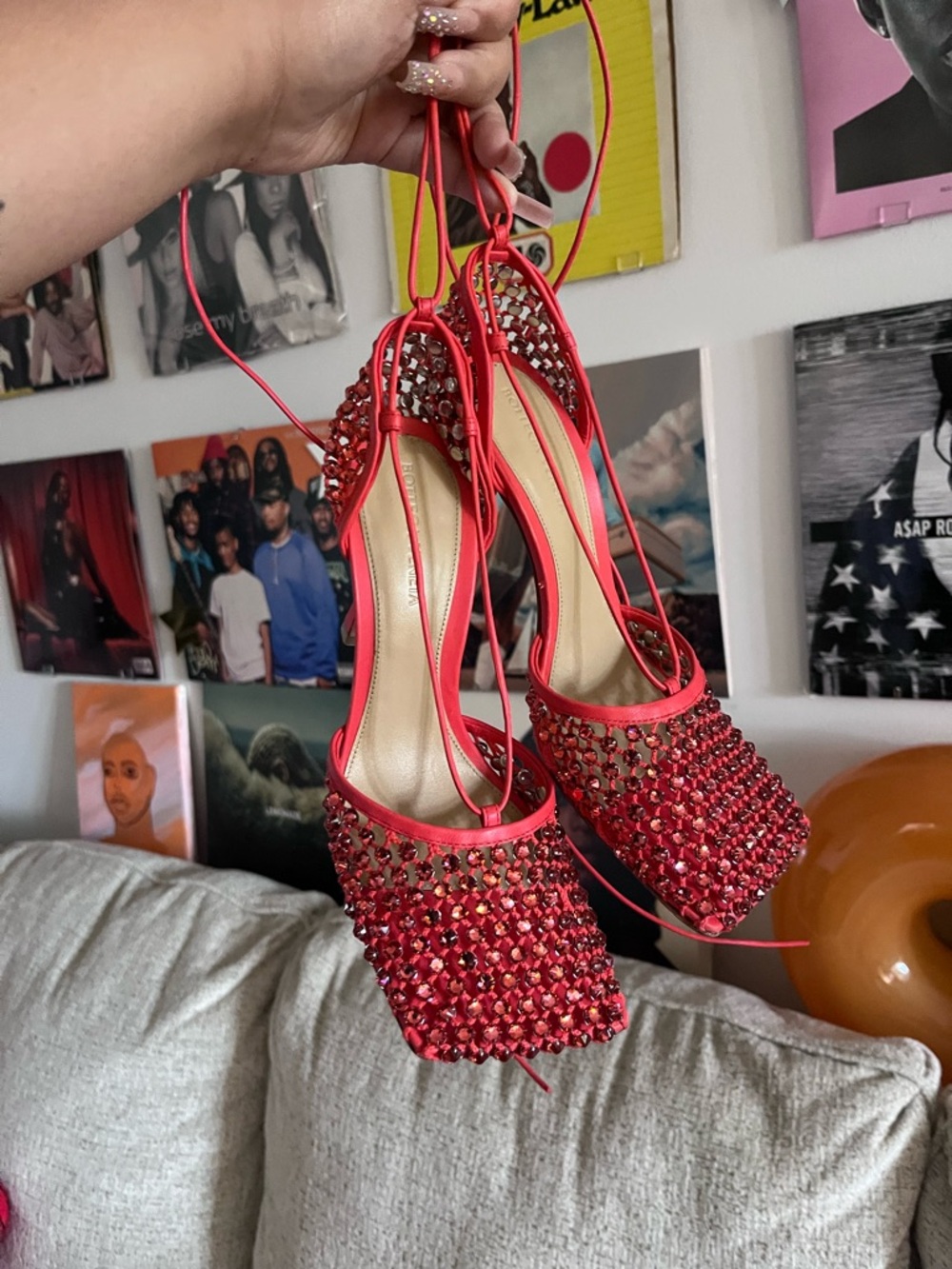 Bottega Veneta Red Crystal Lace-Up Heels